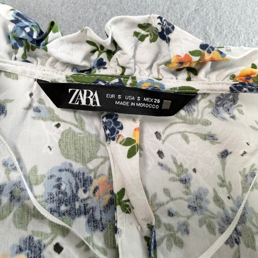 Zara Floral Eyelet Blouse Women S White Blue Yellow Ruffle Sleeve Shabby Chic - Picture 3 of 9